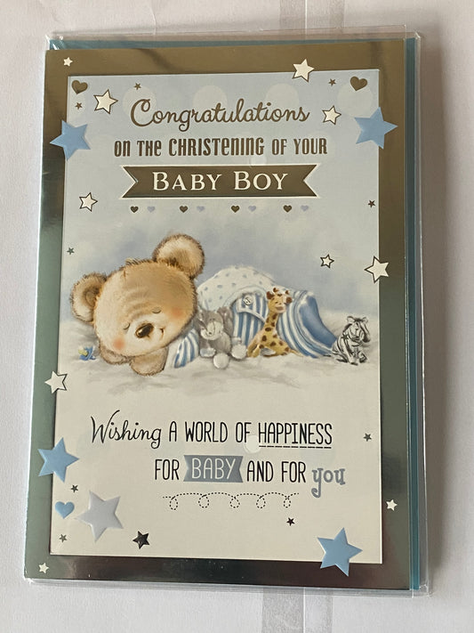 Male Open Boys Baby Boy Congratulations On Christening Of Your Baby Boy Christening Card Son Son's Christening Day Card Blue/Silver Sleeping Teddy Foil Design(PH43497A)