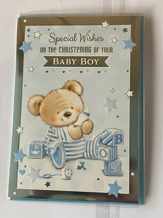 Male Open Boys Baby Boy Special Wishes On Christening Of Your Baby Boy Christening Day Card Son Son's Blue/Silver Sitting Teddy Foil Design(PH43497E)