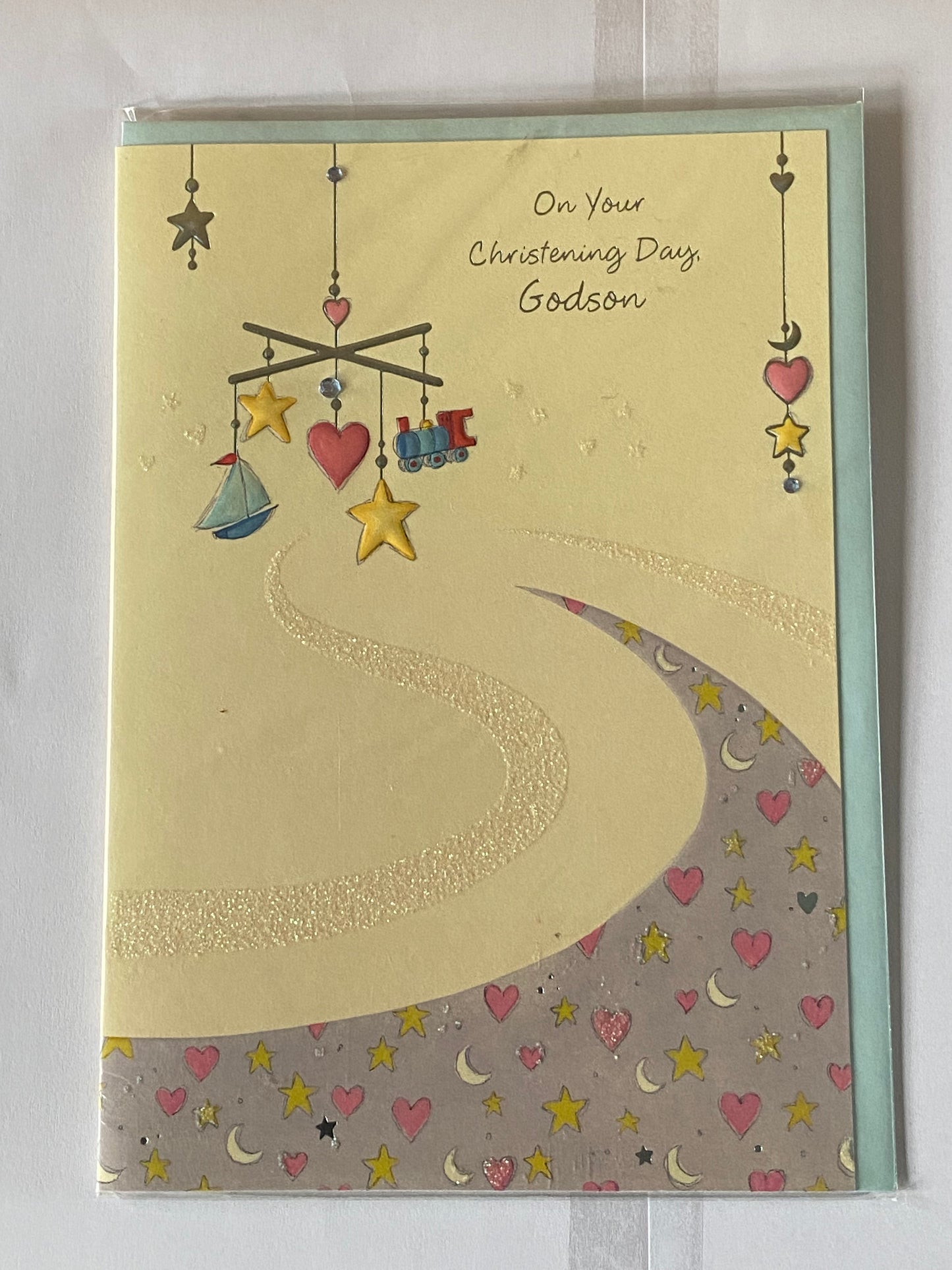 On Your Christening Day Godson Christening Card Yellow/Multi Mobile Gems/Glitter/Foil Design(PR383A)