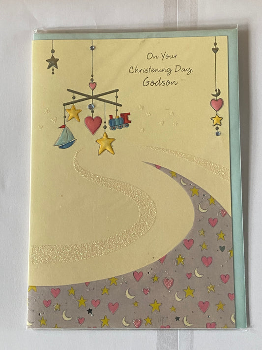 On Your Christening Day Godson Christening Card Yellow/Multi Mobile Gems/Glitter/Foil Design(PR383A)