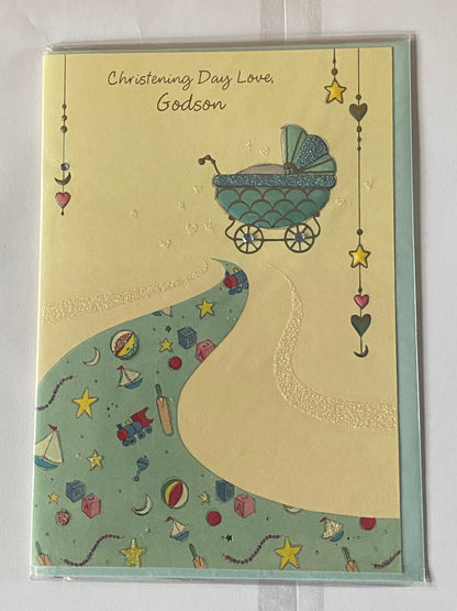 Christening Day Love Godson Christening Card Yellow/Blue Pram Gems/Glitter/Foil Design(PR383B)