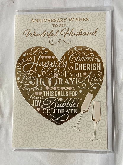 Anniversary Wishes To My Wonderful Husband Our Wedding Anniversary Card Gold Heart/Pink Flutes(PH48409B)