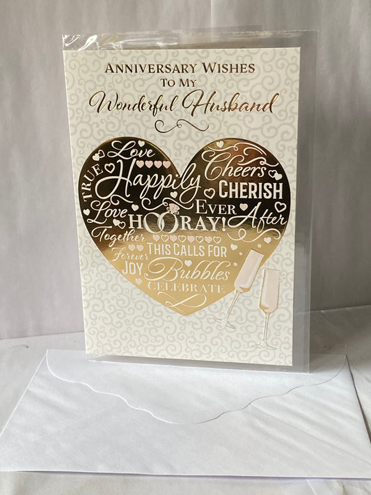 Anniversary Wishes To My Wonderful Husband Our Wedding Anniversary Card Gold Heart/Pink Flutes(PH48409B)