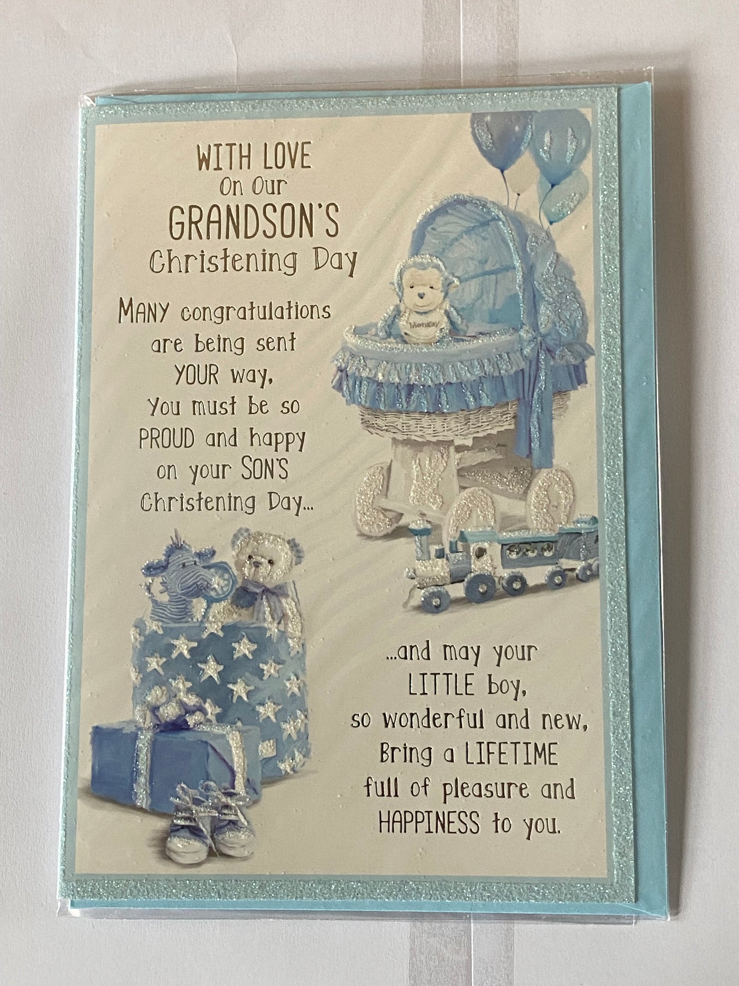 With Love On Our Grandson's Christening Day Christening Card Grandson Christening Day Card Moses Basket/Monkey/Toys/Silver Words Glitter/Foil Design(PH42353A)