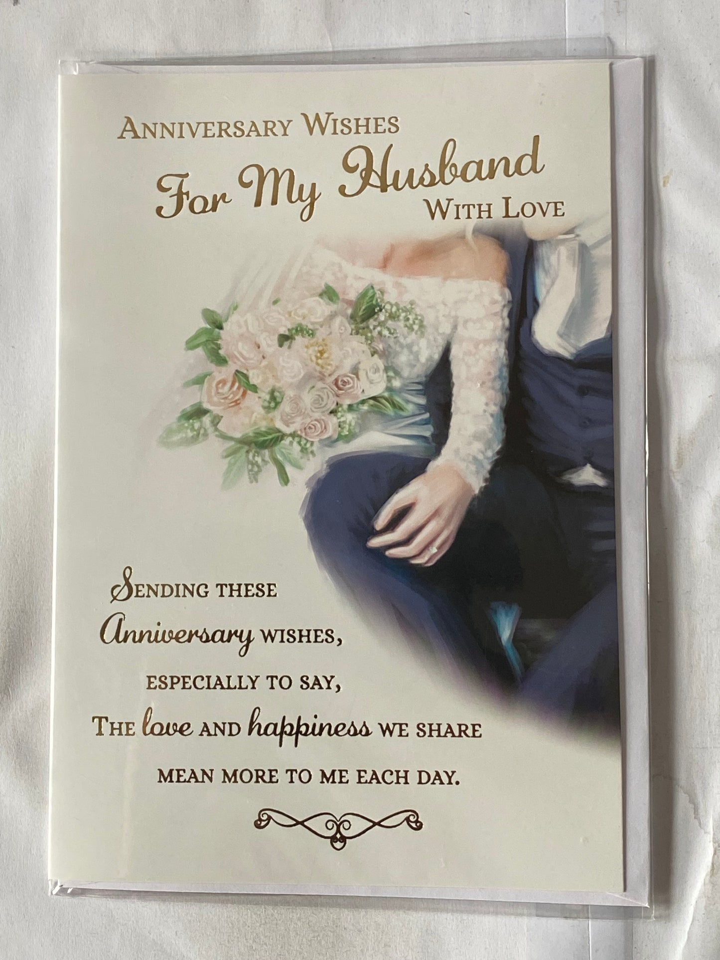 Anniversary Wishes For My Husband With Love Our Wedding Anniversary Card Bride+Groom/Pink+White Flowers/Gold Words Foil Detail(PH43650A)