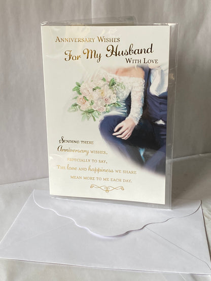 Anniversary Wishes For My Husband With Love Our Wedding Anniversary Card Bride+Groom/Pink+White Flowers/Gold Words Foil Detail(PH43650A)