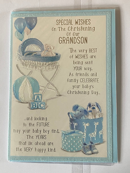 Special Wishes On The Christening Of Our Grandson Christening Day Card Grandson's Moses Basket/Teddy/Toys/Silver Words Glitter/Foil Design(PH42353E)