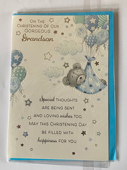 On The Christening Of Our Gorgeous Grandson Christening Card Grandson's Christening Day Card Grey Teddy/Blue Blanket/Balloons Glitter/Foil Design(PH44849E)