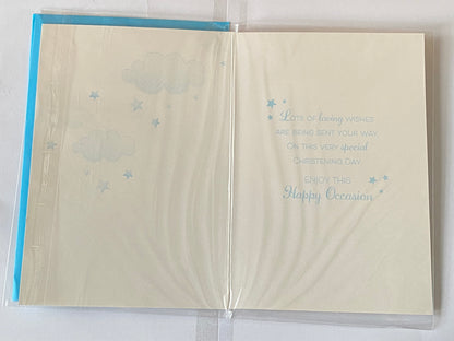 On The Christening Of Our Gorgeous Grandson Christening Card Grandson's Christening Day Card Grey Teddy/Blue Blanket/Balloons Glitter/Foil Design(PH44849E)