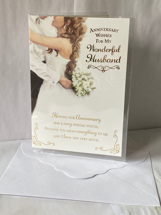 Anniversary Wishes For My Wonderful Husband Our Wedding Anniversary Card Bride+Groom/White Flowers/Gold Words Foil Detail(PH43650B)