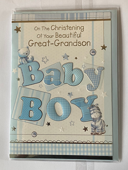 On The Christening Of Your Beautiful Great-Grandson Card Great-Grandson's Christening Day Card White/Blue Teddy/Zebra/Words Foil Detail(PH38865A)