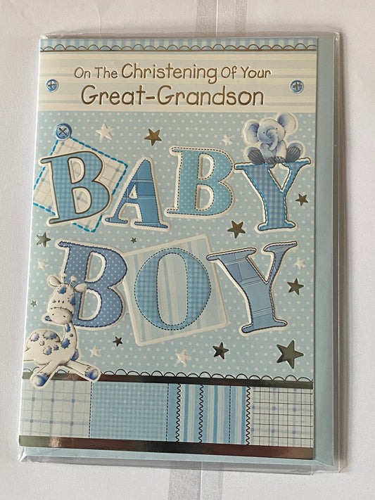 On The Christening Of Your Great-Grandson Card Great-Grandson's Christening Day Card White/Blue Elephant/Giraffe/Words Foil Detail(PH38865E)