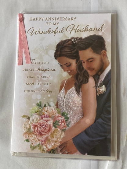 Happy Anniversary To My Wonderful Husband Our Wedding Anniversary Card Bride+Groom/Words Ribbon/Glitter/Foil Detail(PRELUDE45562)