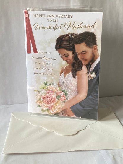 Happy Anniversary To My Wonderful Husband Our Wedding Anniversary Card Bride+Groom/Words Ribbon/Glitter/Foil Detail(PRELUDE45562)