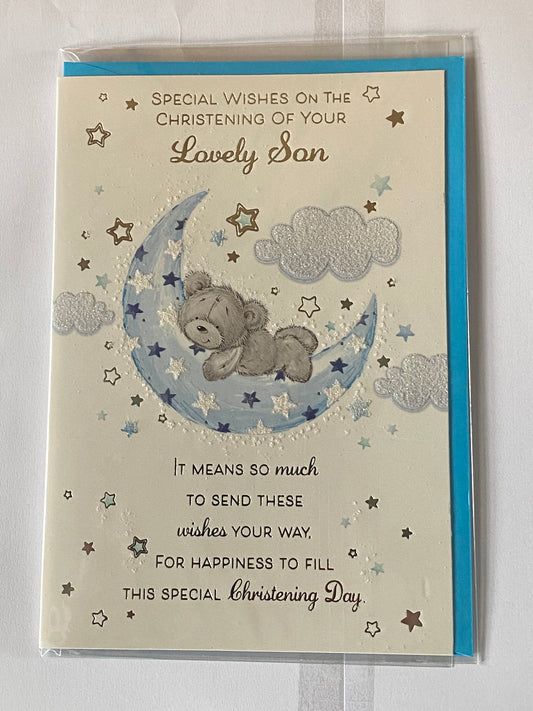 Special Wishes On Christening Of Your Lovely Son Christening Card Son's Christening Day Card Grey Teddy/Blue Moon Glitter/Foil Design(PH44849A)