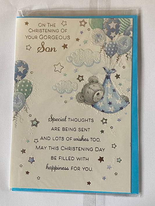 On Christening Of Your Gorgeous Son Christening Card Son's Christening Day Card Grey Teddy/Blue Blanket/Balloons Glitter/Foil Design(PH44849E)