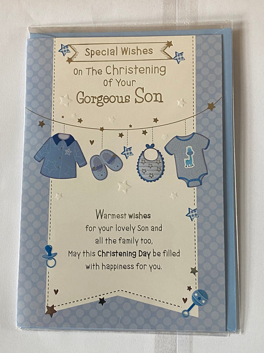 Special Wishes On The Christening of Your Gorgeous Son Christening Card Son's Christening Day Card Blue Clothes/Silver Words Foil Detail(PH39999A)