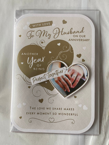 With Love To My Husband On Our Anniversary Another Year Of Being Perfect Together Wedding Anniversary Card White+Gold Hearts/Hands 3D/Foil Detail(PRELUDE47273)