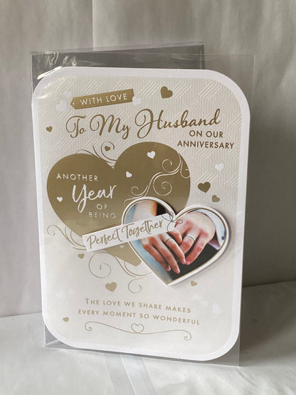 With Love To My Husband On Our Anniversary Another Year Of Being Perfect Together Wedding Anniversary Card White+Gold Hearts/Hands 3D/Foil Detail(PRELUDE47273)