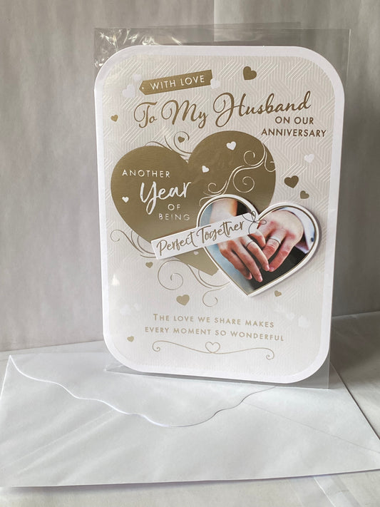 With Love To My Husband On Our Anniversary Another Year Of Being Perfect Together Wedding Anniversary Card White+Gold Hearts/Hands 3D/Foil Detail(PRELUDE47273)