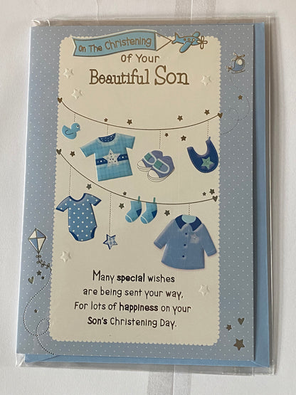 On The Christening of Your Beautiful Son Christening Card Son's Christening Day Card Blue Clothes/Silver Words Foil Detail(PH39999E)