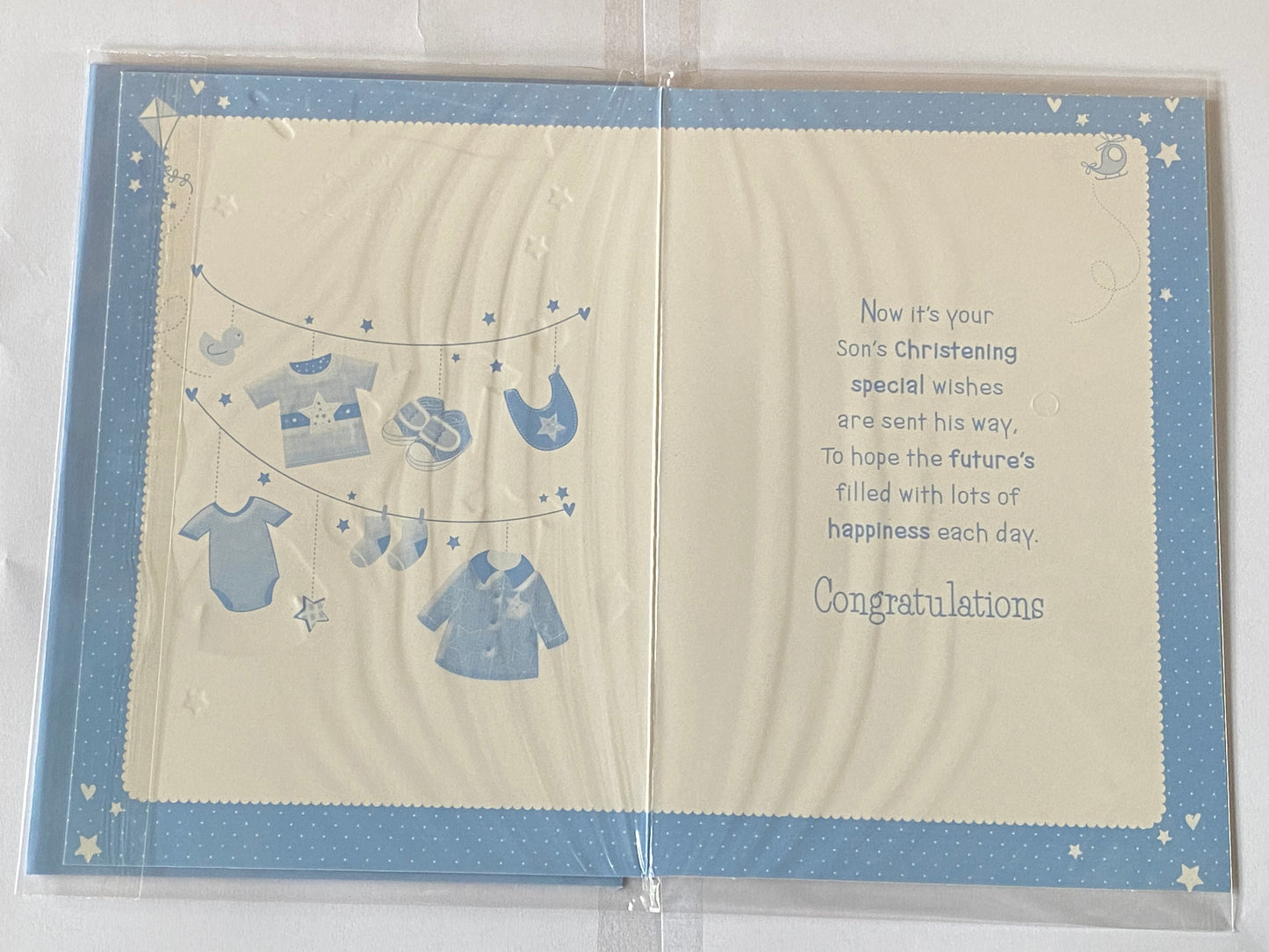 On The Christening of Your Beautiful Son Christening Card Son's Christening Day Card Blue Clothes/Silver Words Foil Detail(PH39999E)