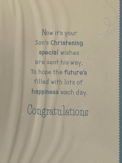 On The Christening of Your Beautiful Son Christening Card Son's Christening Day Card Blue Clothes/Silver Words Foil Detail(PH39999E)