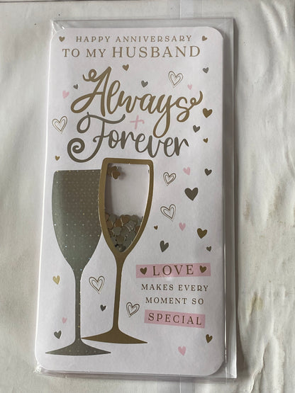 Happy Anniversary To My Husband Always & Forever Love Makes Every Moment So Special Our Wedding Anniversary Card White/Silver Flutes/Hearts(PRELUDE48302)