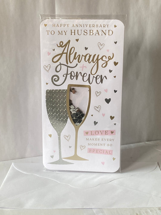 Happy Anniversary To My Husband Always & Forever Love Makes Every Moment So Special Our Wedding Anniversary Card White/Silver Flutes/Hearts(PRELUDE48302)