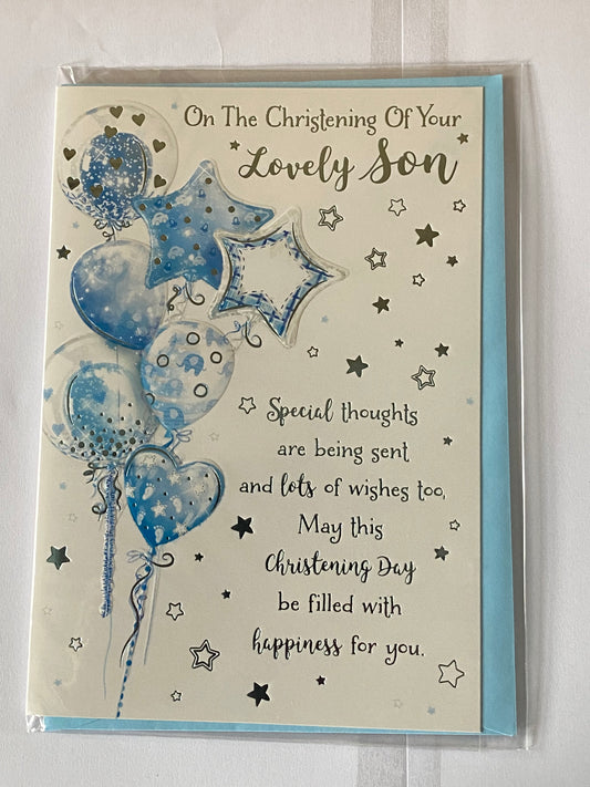 On The Christening Of Your Lovely Son Christening Card Son's Christening Day Card Blue Balloons/Words/Stars Foil Design(PH47361A)