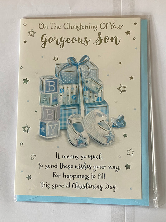 On The Christening Of Your Gorgeous Son Christening Card Son's Christening Day Card Blue Presents/Words/Stars Foil Design(PH47361E)