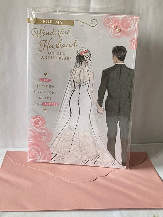 For My Husband On Our Anniversary Wedding Anniversary Card Grey/Pink Bride+Groom Pearls/Glitter/Foil Detail(PRELUDE45569)