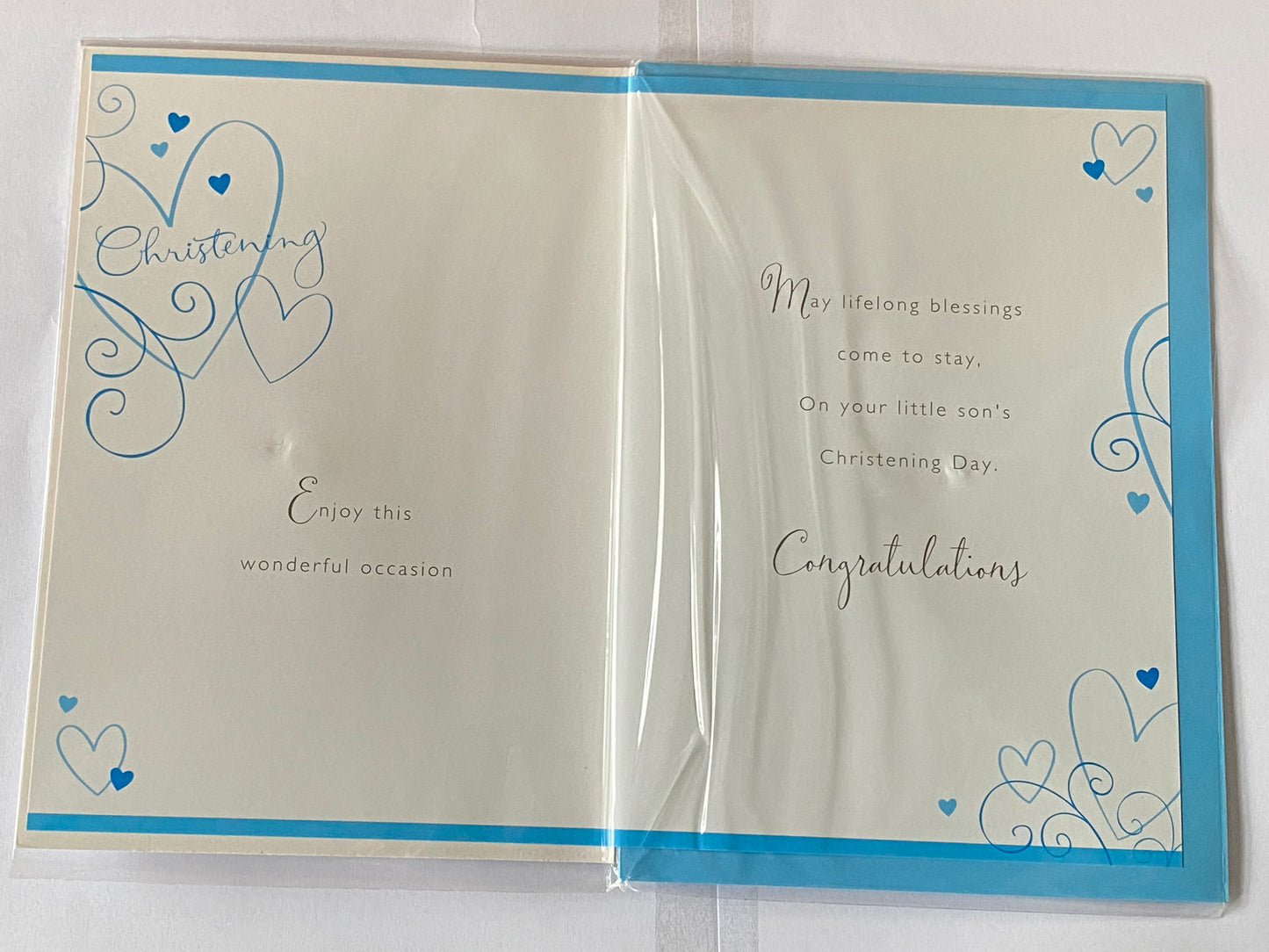 On Your Precious Son's Christening Son Christening Day Card White/Blue/Silver Hearts/Words Heart Gem/Foil Design(HCG096GS)