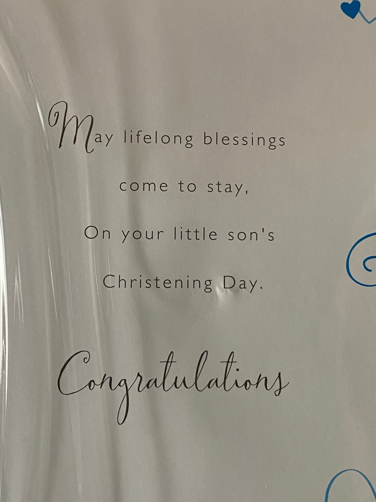 On Your Precious Son's Christening Son Christening Day Card White/Blue/Silver Hearts/Words Heart Gem/Foil Design(HCG096GS)