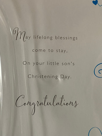 On Your Precious Son's Christening Son Christening Day Card White/Blue/Silver Hearts/Words Heart Gem/Foil Design(HCG096GS)