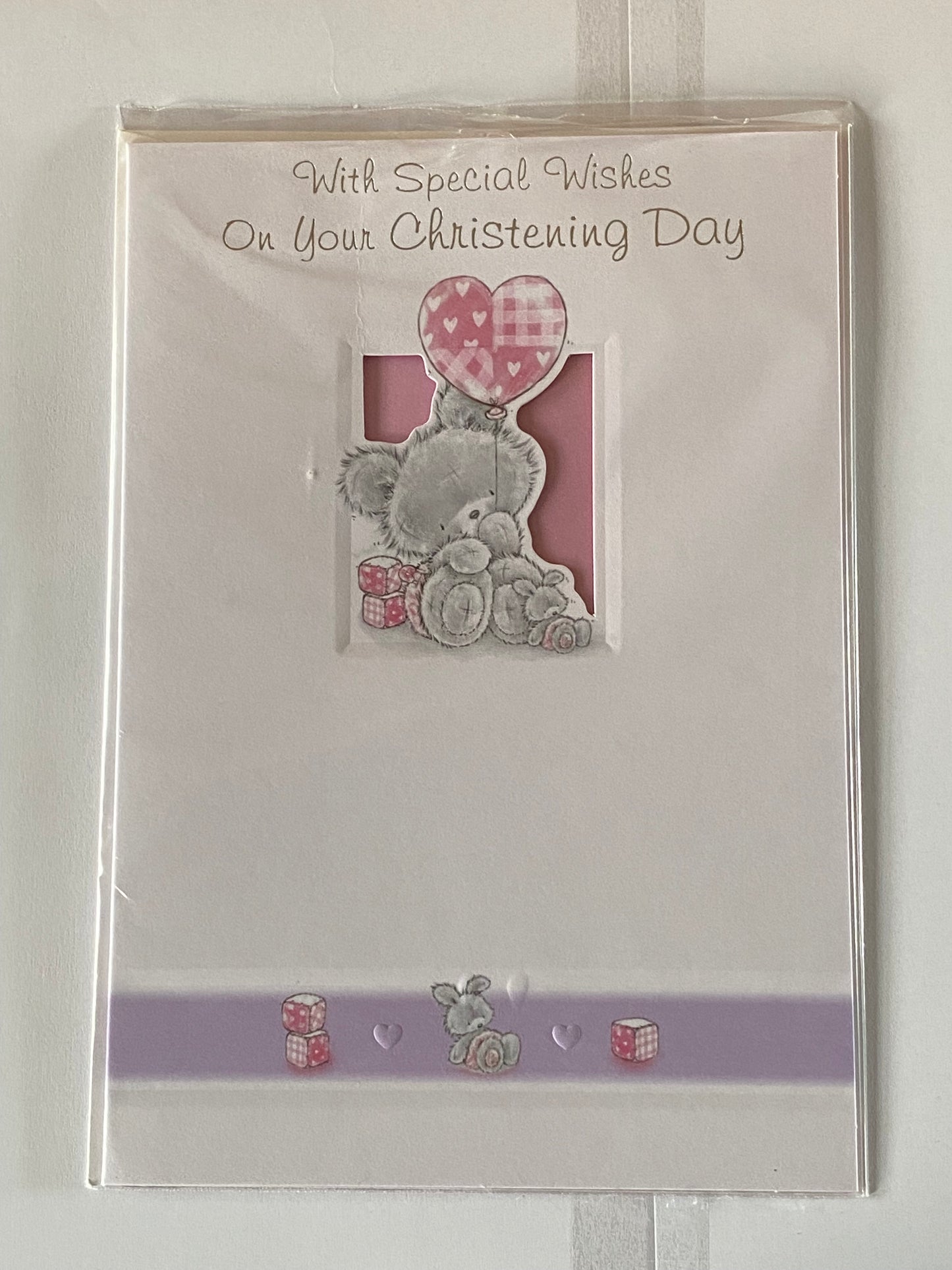 Female Open Girls Baby Girl With Special Wishes On Your Christening Day Card Pink/Purple Teddy/Heart Balloon Foil Detail(RNR31629A)