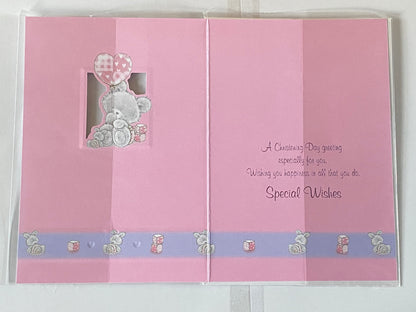 Female Open Girls Baby Girl With Special Wishes On Your Christening Day Card Pink/Purple Teddy/Heart Balloon Foil Detail(RNR31629A)