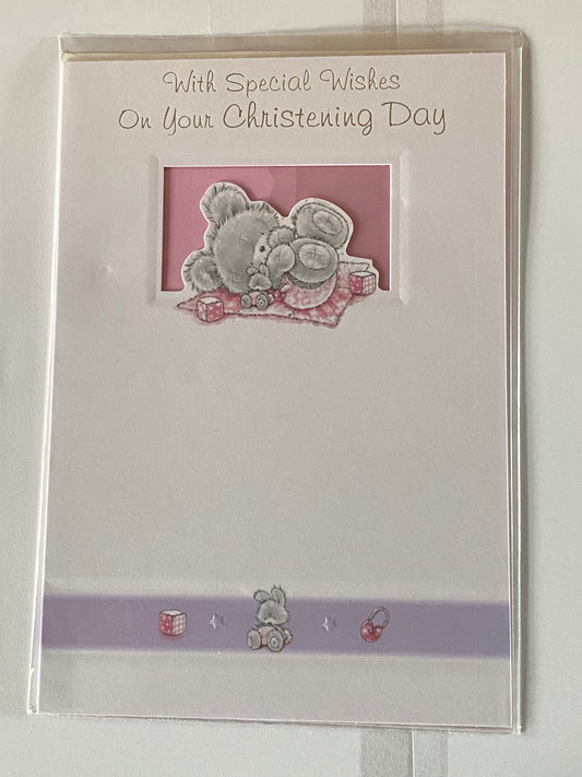 Female Open Girls Baby Girl With Special Wishes On Your Christening Day Card Pink/Purple Teddy/Playmat Foil Detail(RNR31629B)