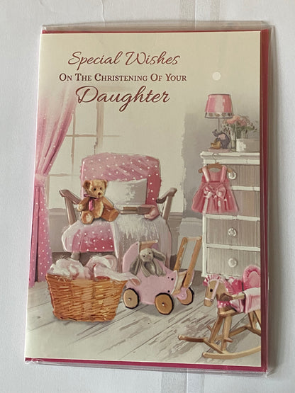 Special Wishes On The Christening of Your Daughter Daughter's Christening Day Card Teddy/Pink Chair Foil Detail(VA155E)