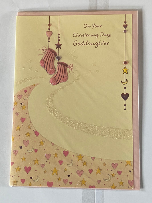 On Your Christening Day Goddaughter Christening Card Yellow/Pink Booties Gems/Glitter/Foil Design(PR384A)