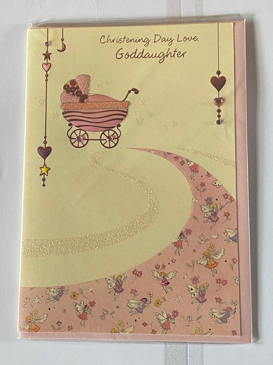 Christening Day Love Goddaughter Christening Card Yellow/Pink Pram Gems/Glitter/Foil Design(PR384B)