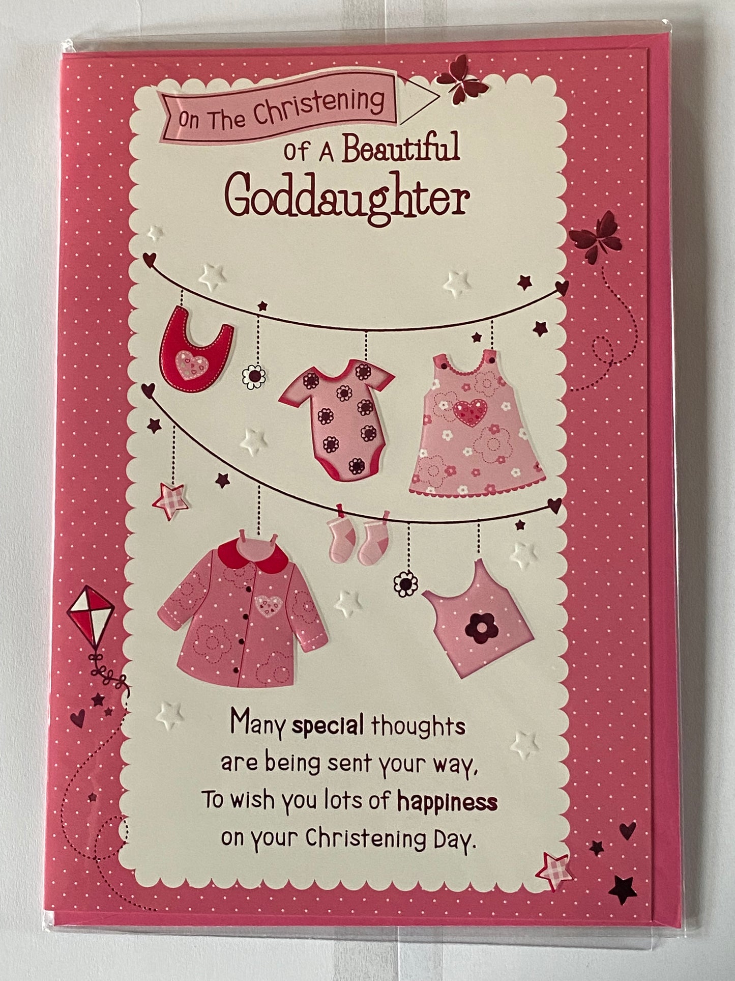 On The Christening of A Beautiful Goddaughter Goddaughter's Christening Day Card Pink Clothes/Pink Words Foil Detail(PH39997A)