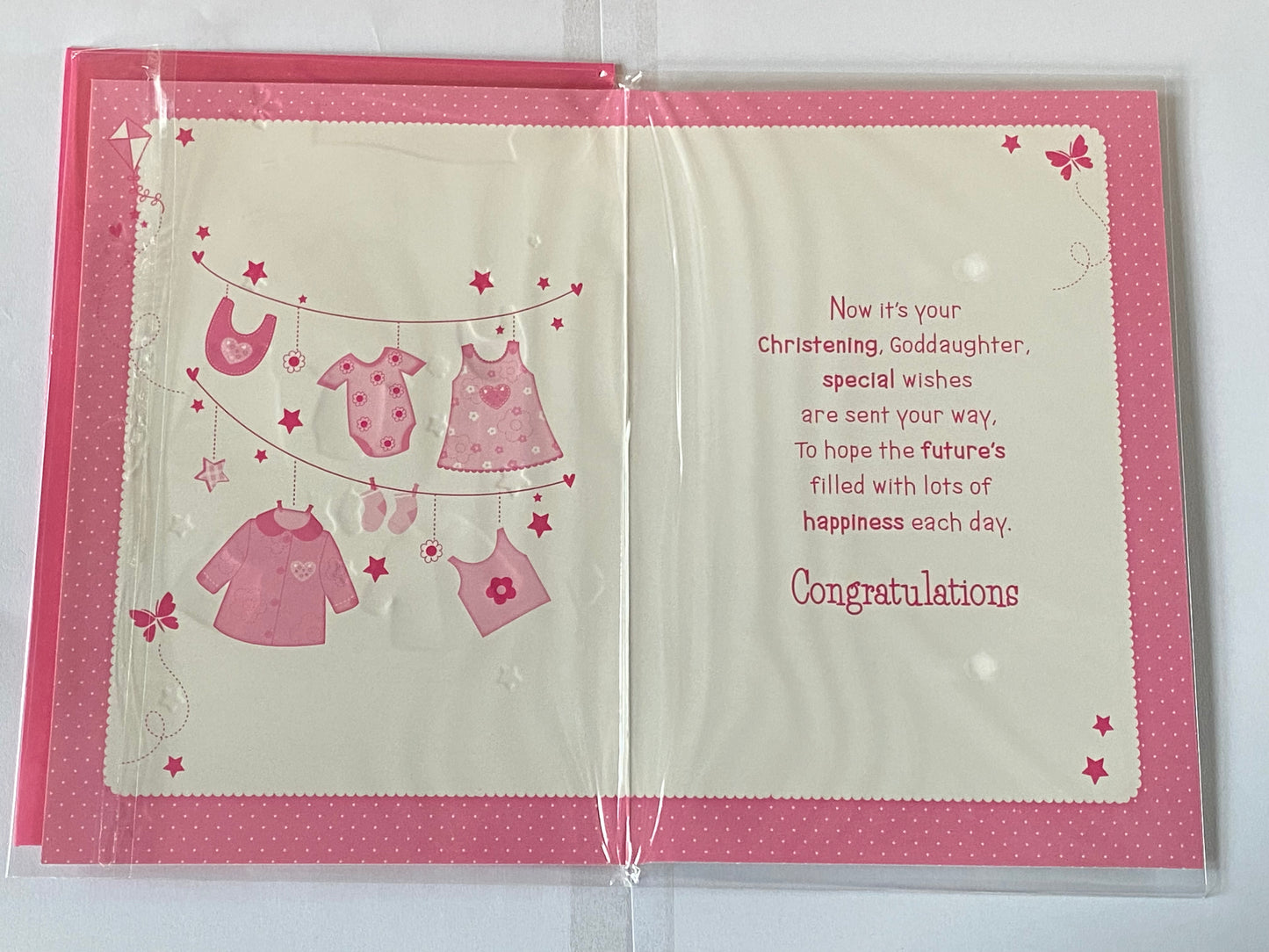 On The Christening of A Beautiful Goddaughter Goddaughter's Christening Day Card Pink Clothes/Pink Words Foil Detail(PH39997A)