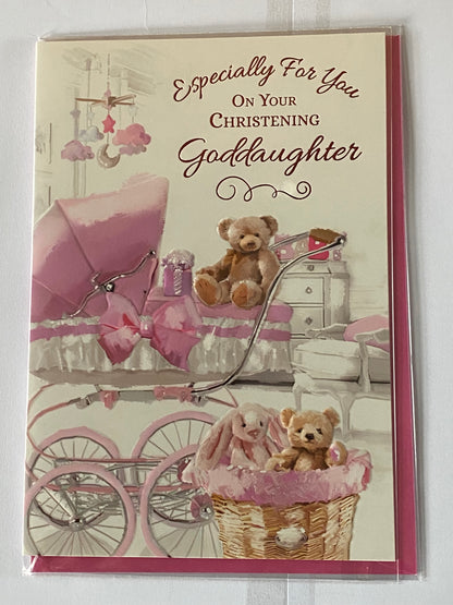 Especially For You On Your Christening Goddaughter Card Goddaughter's Christening Day Card Pink+White Pram/Teddy Foil Detail(VA101A)