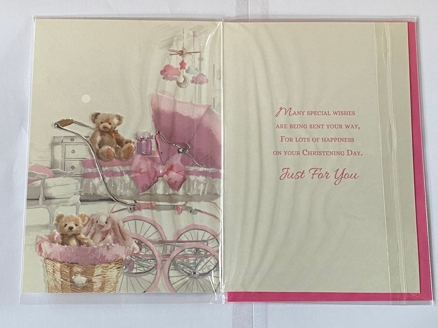 Especially For You On Your Christening Goddaughter Card Goddaughter's Christening Day Card Pink+White Pram/Teddy Foil Detail(VA101A)