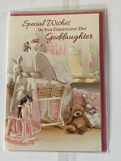 Special Wishes On Your Christening Goddaughter Card Goddaughter's Christening Day Card White Crib/Teddy Foil Detail(VA101E)