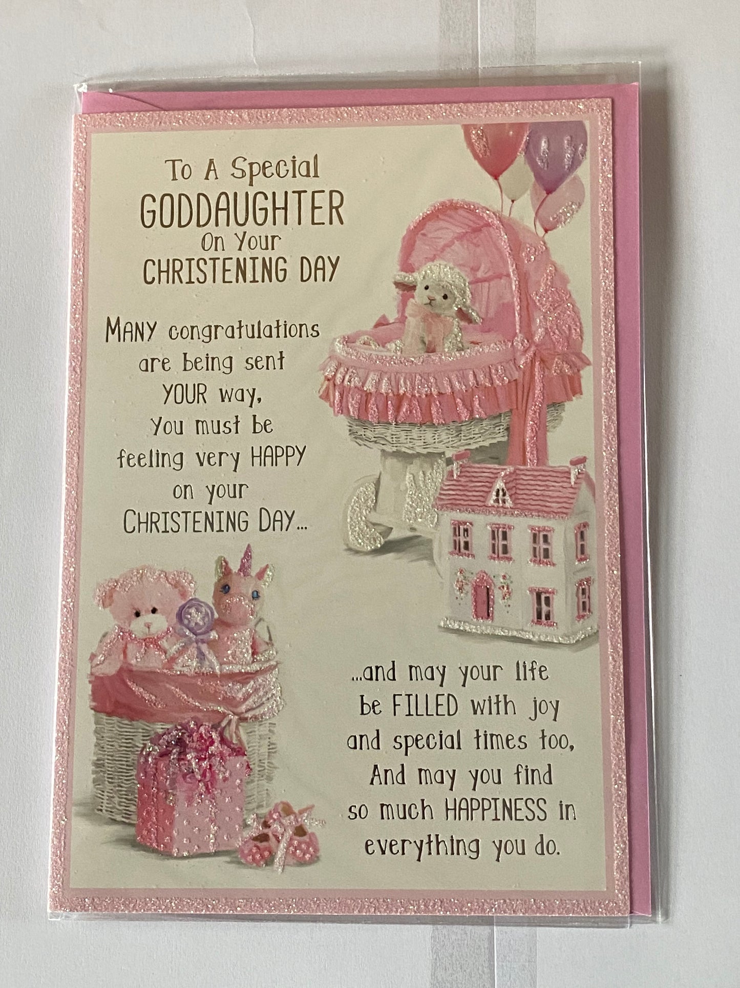 To A Special Goddaughter On Your Christening Day Card Goddaughter's Christening Card Moses Basket/Lamb/Toys/Silver Words Glitter/Foil Design(PH42351A)