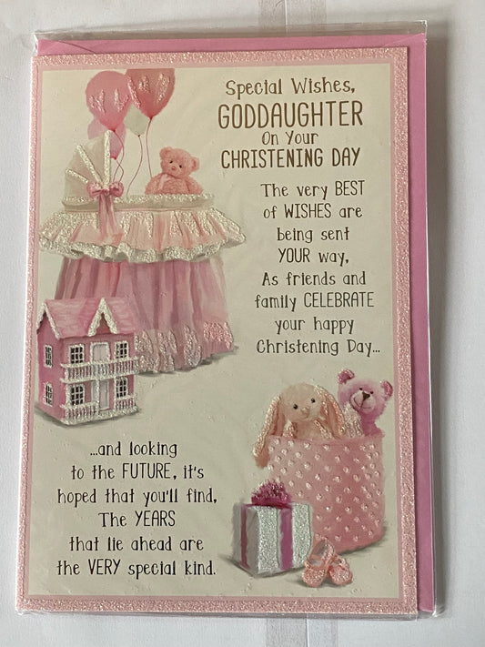 Special Wishes Goddaughter On Your Christening Day Card Goddaughter's Christening Card Moses Basket/Teddy/Toys/Silver Words Glitter/Foil Design(PH42351E)