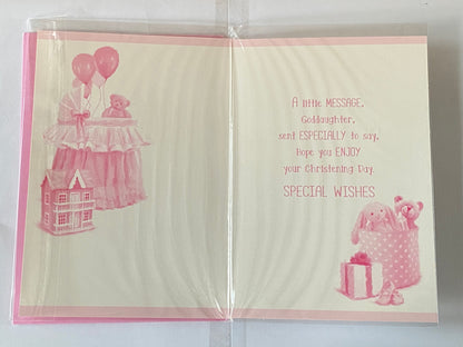 Special Wishes Goddaughter On Your Christening Day Card Goddaughter's Christening Card Moses Basket/Teddy/Toys/Silver Words Glitter/Foil Design(PH42351E)