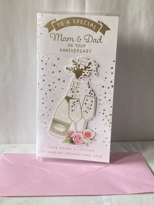 To A Special Mam & Dad On Your Anniversary Wedding Anniversary Card White/Gold Champagne/Flutes/Spots/Pink Roses 3D/Glitter/Foil Detail(PRELUDE48305)